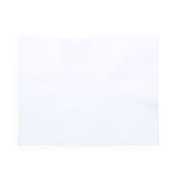 A white placemat featuring a smooth surface, suitable for home dining. It includes a branding logo.