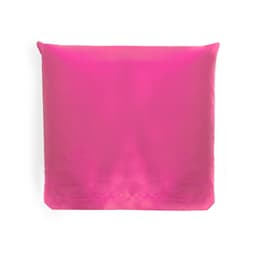 A pink foldable bag features a smooth texture and includes a logo.