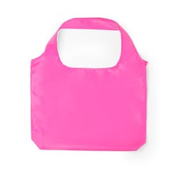A pink foldable bag with a simple design and a handle. It has a logo on the surface.