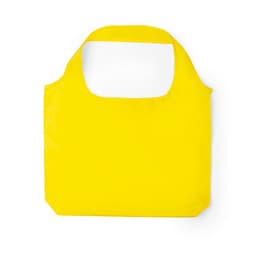 A yellow foldable bag with a wide opening and a minimalist design. It features a logo on one side.