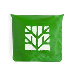 A green foldable bag featuring a white logo with a tree-like design, compactly packed.