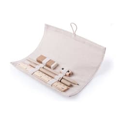 A pencil case in cream with wooden pencils, a ruler, and a sharpener neatly arranged inside.