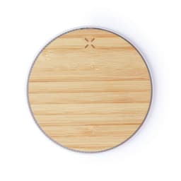 A round wireless charger with a bamboo surface and a light grey edge. It features a logo on top.