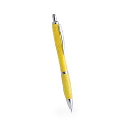 A yellow pen with a chrome accent and a sleek design, featuring a logo on the barrel.