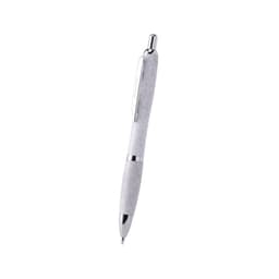 A white pen with a textured grip and chrome accents, featuring a logo on the body.