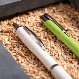 A green pen and a white pen with black accents are placed on a bed of grains. Both pens feature clips and have a smooth finish.