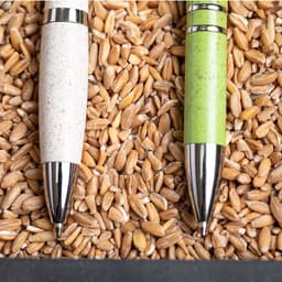 Two pens are resting on a bed of grains, one white with speckles and the other bright green, both featuring silver accents.