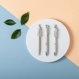 Three eco-friendly pens in white and grey hues, arranged on a circular plate against a pastel background with leaves.