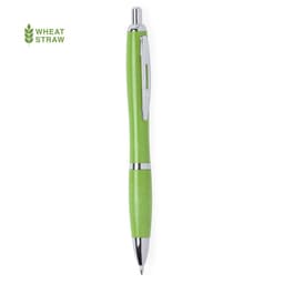 A green pen with a shiny silver clip and tip, featuring a logo related to sustainable materials.