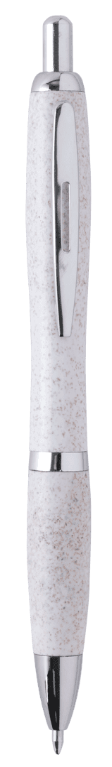 A grey pen with a silver clip and accents, featuring a textured grip and a branding logo.