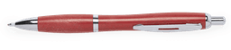 A red pen with a chrome clip and accents, featuring a smooth barrel design and a logo.