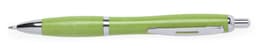 A green pen with a silver clip and accents, featuring a sleek design and branding.