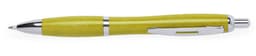 A yellow pen with a shiny silver clip and accents. The pen features a smooth, sleek design.