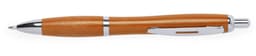 A brown wooden pen with silver accents and a clip, featuring a sleek design and a branding logo.
