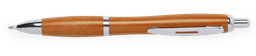 A brown wooden pen with silver accents and a clip. It features a sleek design and a logo.