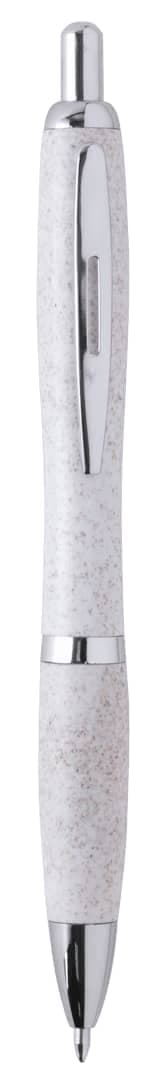 A writable pen in white with a sleek silver accent and a logo on the side.