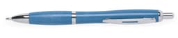A blue pen with a silver clip and accents, featuring a sleek design and a smooth finish.