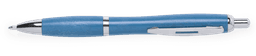A blue pen with a sleek design and silver accents, featuring a logo on its barrel.