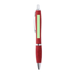 A red pen with a silver clip and tip, featuring a pale green section for branding.