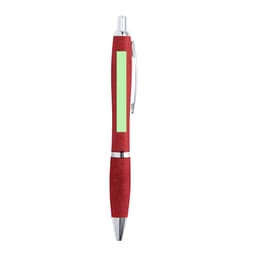 A red pen with a shiny silver clip and a green section for customisation, featuring a branding logo.
