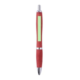 A red pen with a green section in the middle and silver accents, featuring a logo on its body.