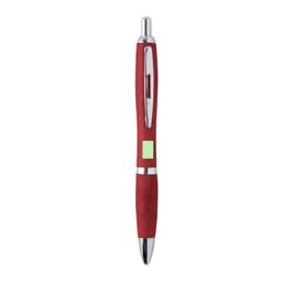 A red pen with a chrome tip and clip, featuring a logo on the barrel.
