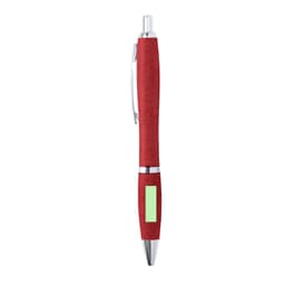 A red pen with a silver clip and a green accent panel. It features a logo on its body.