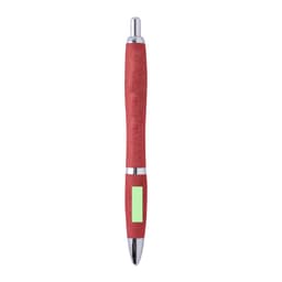 A red pen with a textured grip and silver accents, featuring a branding logo.
