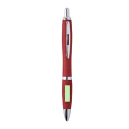 A red pen with a chrome clip and accents, featuring a smooth barrel design. It has a logo on the body.