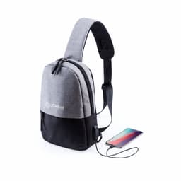 A grey and black sling bag with a single strap, featuring a logo and a USB charging port for devices.