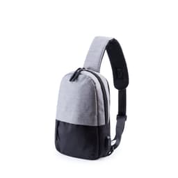 A grey and black shoulder bag featuring a single strap, two zippered compartments, and a logo.