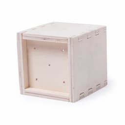 A wooden cube box with a plain exterior and jointed edges, featuring holes on one side. No visible branding.