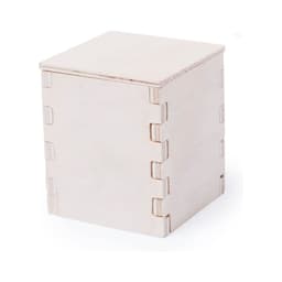 A small wooden box with interlocking joints, featuring a plain design and a light, natural wood colour.