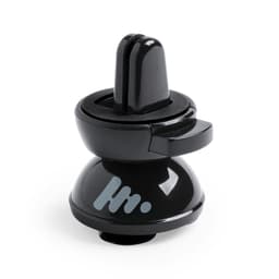 A black car phone holder with a rounded base and a top grip for secure phone placement. It features a logo.