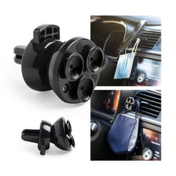 A black car phone holder with multiple slots, designed for dashboard use. It includes an attachment for convenience.