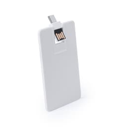 A white USB drive with a card-like design and a retractable connector. It features a branding logo on the surface.