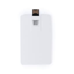 A white USB drive with a retractable connector, featuring a simple design and a logo on the surface.
