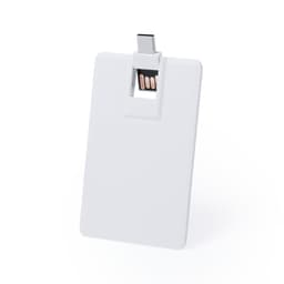 A white USB drive with a rectangular card design and an exposed connector. It features a branding logo.