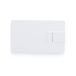 A white USB drive with a sliding mechanism, featuring a logo on one side.