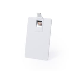 A white USB drive in the shape of a card with a connector visible at the top. It features a logo.
