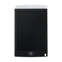 A black writing tablet with a white frame and a stylus on top, featuring a logo.