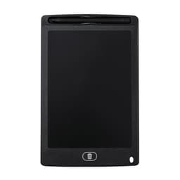 A black writing tablet with a sleek surface and a stylus positioned at the top, featuring a logo at the bottom.