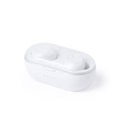 A pair of white earbuds in a matching charging case with a glossy finish. The case has a simple design and a logo.