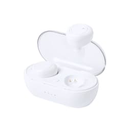 A pair of white wireless earbuds in a charging case, with a transparent lid and a visible logo.