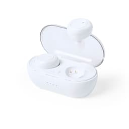 White wireless earbuds in a case, with a transparent lid and a charging port visible. This product includes a logo.