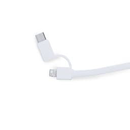 A white charging cable with a USB connector on one end and a Lightning connector on the other. It has a simple design.