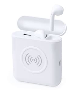 A white power bank with wireless earbuds stored on top, featuring a circular branding logo.