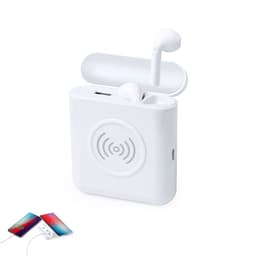 A white power bank featuring a compartment for earbuds, with wireless charging and USB ports visible.