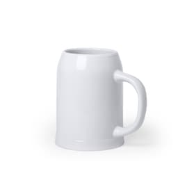 A white ceramic beer mug with a sturdy handle and a smooth, glossy finish. It features a logo.