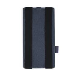 A wireless charger in navy blue with two black straps and a small tab for easy handling. Features a branding logo.